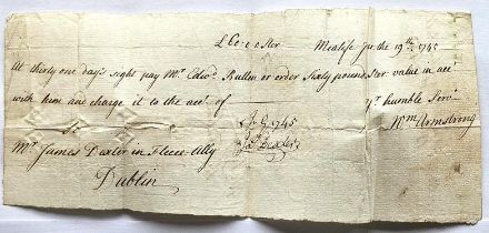 Bill of Exchange drawn on James Dexter in Fleece Alley payable to a Mr Edward Bullen. June 1745.