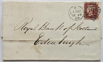 1869 cover to Edinburgh with perf Penny Red cancelled by Larne duplex cancellation