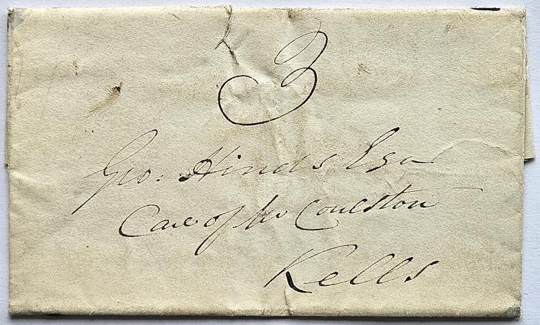 1837 Entire Letter, Navan To Kells, with manuscript 3 on front, and on reverse double arc date