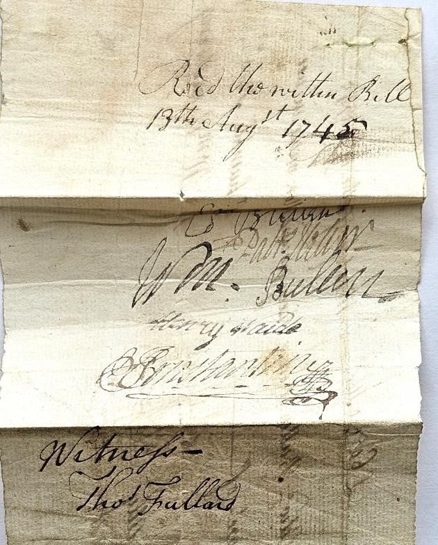 Bill of Exchange drawn on James Dexter in Fleece Alley payable to a Mr Edward Bullen. June 1745. - Image 2 of 2