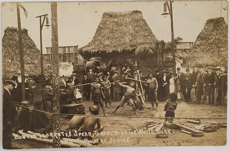 Bontoc Icorrotes [sic] Spear throwing at the White City. Palmers series. [1908] . native people