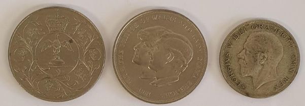 1929 George V Half Crown; 1971 Queen Elizabeth II Crown; and 1981 Charles & Diana Crown (3)