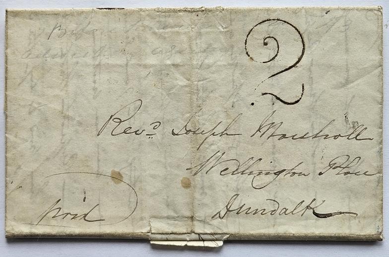 Tipperary/Offaly: Letter date stamped double arc Dundalk 1843 to Rev James Marshall possibly the