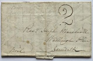 Tipperary/Offaly: Letter date stamped double arc Dundalk 1843 to Rev James Marshall possibly the