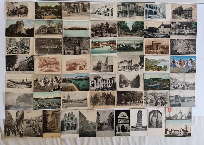 Collection of mostly continental vintage cards. Circa 55 cards, blank and postally used. Variety