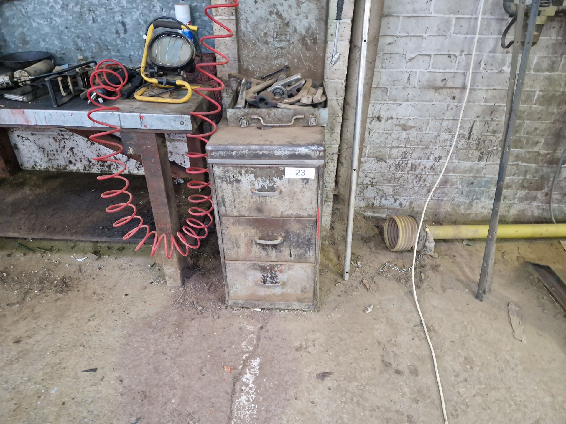 Metal cabinet with bearing pullers & contents of bench