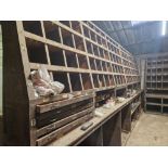 Contents of 6 x wooden workshop stores pigeon hole racking and drawers inc bearings, irrigation