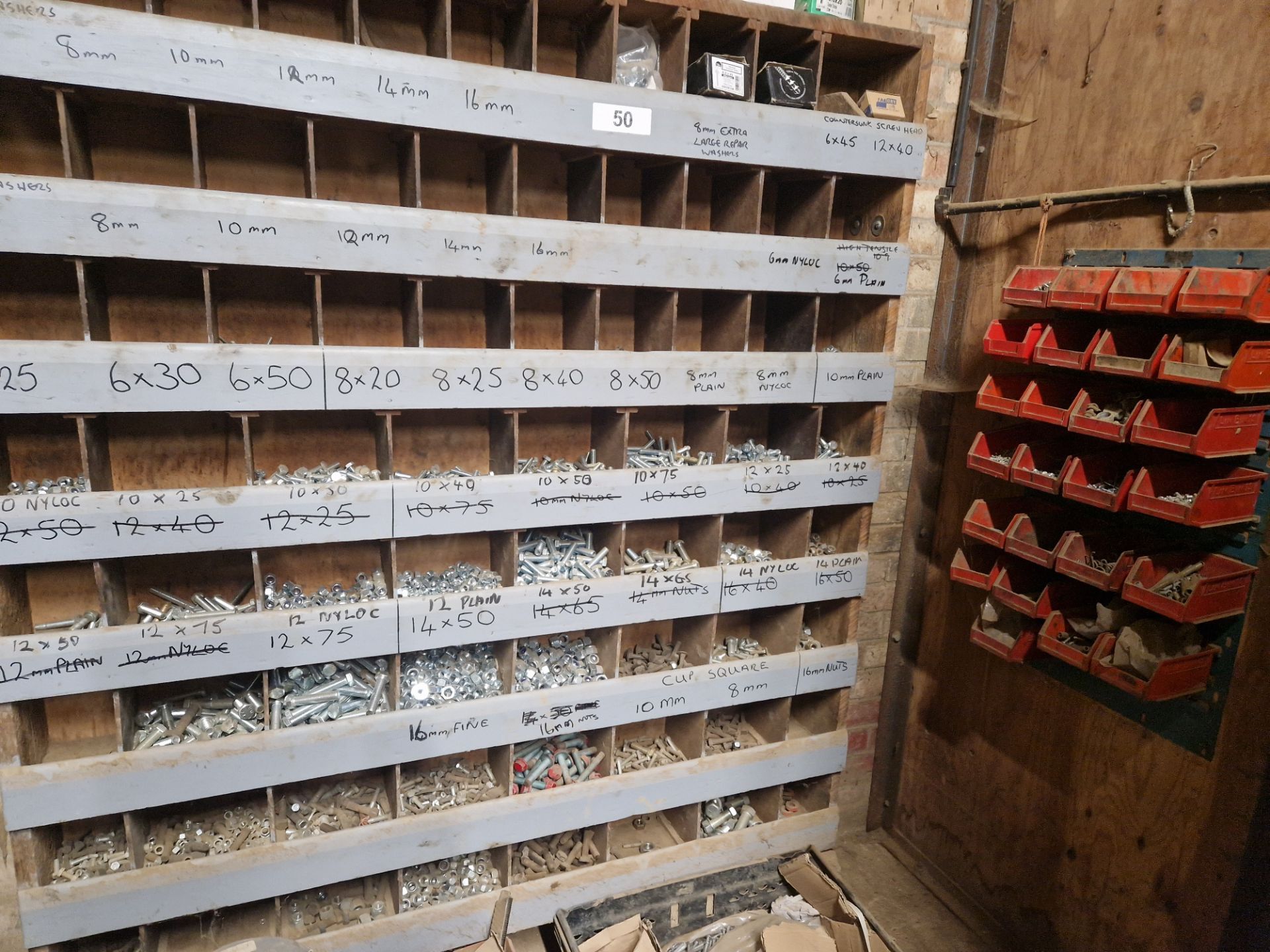 Pigeon hole racking and contents inc nuts, bolts, washer and pop rivets