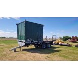 Workshop trailer, dual axle, 9m long, with vice, steps, shipping container 3m long with vice,