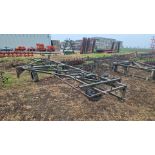 Trailed 6m harrow gantry on caster wheels with 3 sets of various weighted harrows