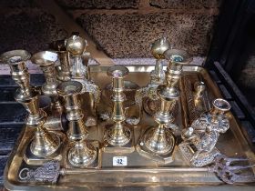 LARGE BRASS TRAY WITH BRASS CANDLESTICKS,