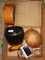 CARTON WITH RAFFIA BASKET, LEATHER COLLAR BOX, WOODEN HAT OR WIG STAND,