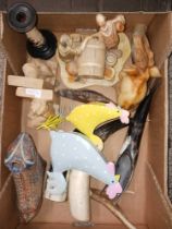 CARTON WITH 2 METAL DECORATIVE CHICKENS, HORNS,