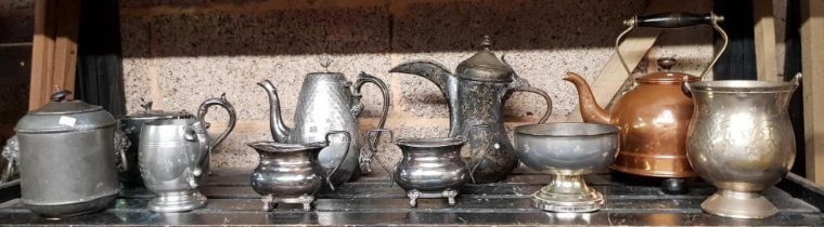 SHELF WITH VINTAGE COPPER ELECTRIC KETTLE,