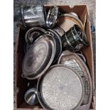 CARTON OF MISC PLATEDWARE INCL; GOBLETS, BISCUIT BARREL,