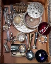 CARTON WITH MISC PLATED ITEMS INCL; CANDLESTICKS, SPOONS, GALLERY TRAY,