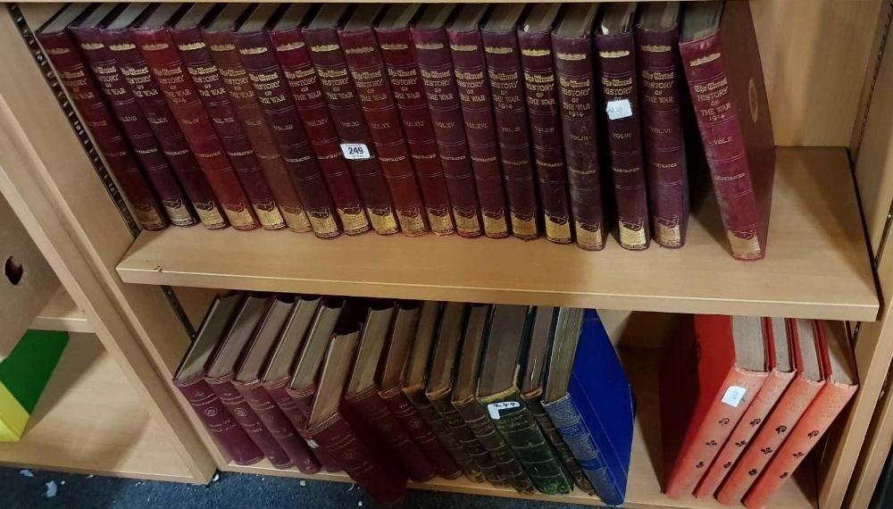 SHELF OF LEATHER BOUND VOLUMES OF 'THE TIMES' HISTORY OF THE WAR' & A SHELF OF VOLUMES OF 'THE