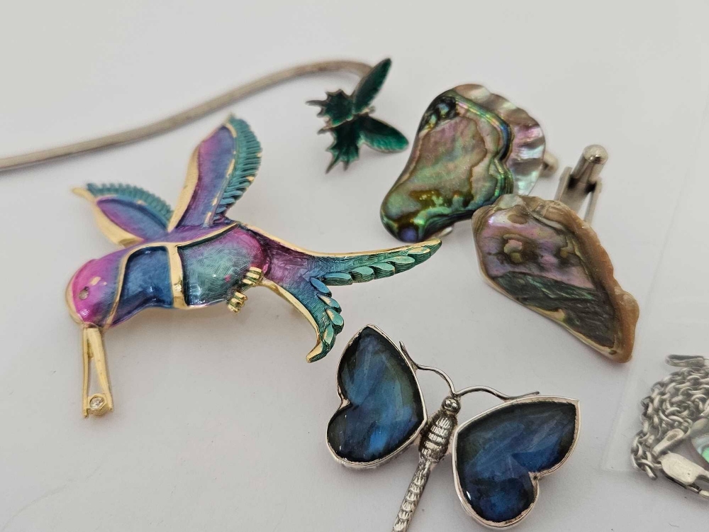 ENAMEL BIRD BROOCH, SILVER ENAMEL BUTTERFLY BOOKMARK, - Image 2 of 2