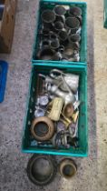 2 CARTONS OF MISC BRASS & PEWTER WARE, POTS, TANKARDS, MUGS, JUGS