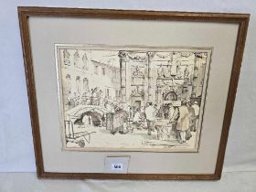 MICHAEL BROCKWAY; A TOWN SQUARE WITH MANY FIGURES, PEN, INK AND WATERCOLOUR, SIGNED AND WITH KING
