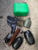 CARTON WITH MISC PLASTIC MILITARY WATER BOTTLES, BLACK LEATHER HOLSTER, GREEN PETROL CAN & A POUCH