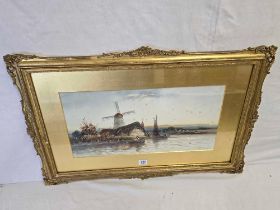 F E JAMIESON; WATERCOLOUR OF A RIVERSIDE COTTAGE AND MILL WITH FIGURES IN BOATS SIGNED, IN ANTIQUE