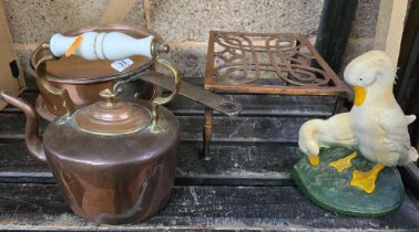 COPPER KETTLE, SAUCEPAN, TRIVET & A CAST IRON DOOR STOP