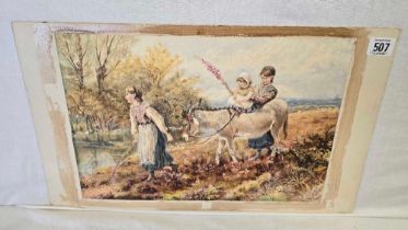 19THC WATERCOLOUR OF TWO GIRLS WITH BABY AND DONKEY IN A RIVER LANDSCAPE, SIGNED M WISH, DATED 1875,