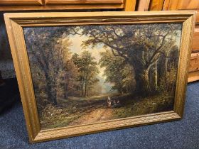 GILT FRAMED OIL PAINTING OF CHILDREN IN A WOODLAND SCENE A/F & A GILT F/G WATERCOLOUR OF A