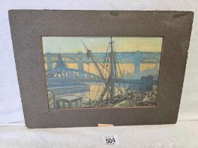 UNFRAMED WATERCOLOUR OF THE NEWCASTLE ON TYNE DOCKS AT DUSK CIRCA 1930'S ? WITH THE SWING BRIDGE,