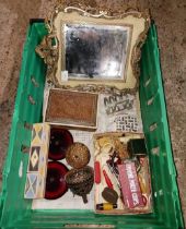 2 CARTONS WITH MISC GLASSWARE, CORNISH MIXING BOWLS, BRASS FRAMED EASEL, TABLE MIRROR, 2 GLASS DWARF