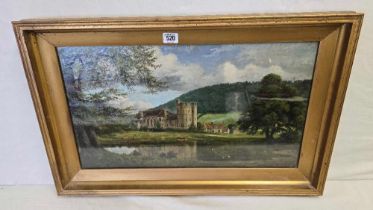 19THC OIL PAINTING ON CANVAS OF STOKESAY CASTLE, SHROPSHIRE. IN WOODED VALLEY WITH A LAKE AND CATTLE