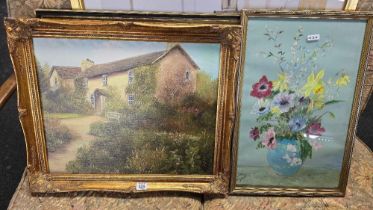 GILT FRAMED OIL PAINTING OF A COTTAGE & A PAINTING OF STILL LIFE FLOWERS