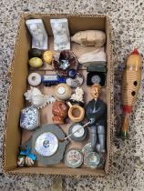 CARTON OF MISC CHINAWARE, SEA SHELLS, BAROMETER & FIGURE OF A MAN PLAYING GOLF