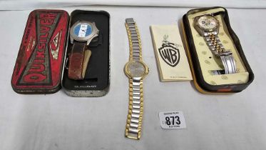 3 WRIST WATCHES, 1 BY WILLIAM BRUFORD, EXETER, A WARNER BROS BUGS BUNNY & FRIENDS WATCH IN TIN,