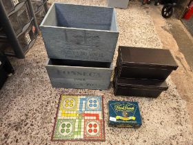 2 WOODEN CRATES WITH 2 CD HOLDERS & A TRIVIA PURSUIT BOARD GAME