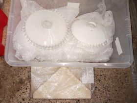 3 CARTONS OF MISC CHANDELIER PARTS, SHADES, SAUCERS ETC & A RESIN MOULD