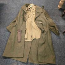 MILITARY KHAKI OVERCOAT, SHIRT & TIE, COAT WITH NO BUTTONS