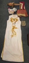 CARTON WITH FABRIC PHEASANT, COCKEREL DOOR STOP, WHITE DRESS WITH GOLD SEQUINS & A SEQUINNED PURSE