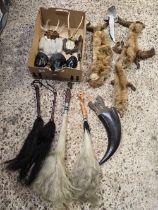 CARTON WITH MISC ETHNIC FLY SWATS, SMALL ANTLERS, FIGURE HEADS & A FUR STOLE
