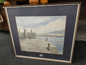 F/G TAPESTRY STILL LIFE VIOLIN PICTURE & A F/G WATERCOLOUR OF FISHERMAN IN A HARBOUR SCENE