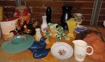 SHELF WITH MISC VASES, EARTHENWARE WALL POT, LARGE GREEN FROG, GLASS DISH & OTHER CHINAWARE INCL;