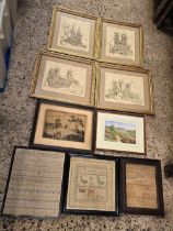 CARTON WITH VARIOUS GILT FRAMED STITCH WORK PICTURES OF CATHEDRALS & SAMPLERS