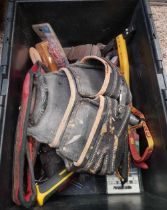 CRATE WITH MISC HAND TOOLS, WORK BELT & AN ICE PICK