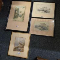 3 F/G WATERCOLOURS & 1 F/G ETCHING OF VARIOUS SCENES
