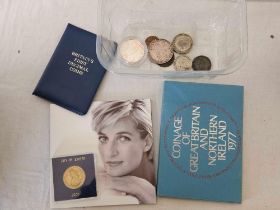 TUB CONTAINING MISC COINS INCL; MARIA THERESA DOLLAR, A MALTESE £2 PIECE & OTHER COINS