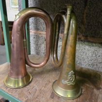 2 BRASS & COPPER BUGLE'S, 1 BY HENRY POTTER, MISSING MOUTH PIECE & 1 WITH MOUNTED ROYAL ARTILLERY