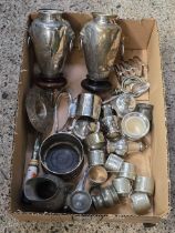 SMALL CARTON OF MISC WHITE METAL VASES, NAPKIN RINGS, CONDIMENT SETS