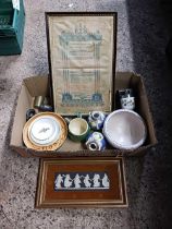 CARTON WITH MISC CHINAWARE, A PICTURE, A FRAMED WEDGWOOD PLAQUE DANCING FIGURES & A POOLE BOWL