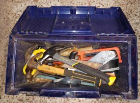 PLASTIC TOOL BOX WITH MISC HAND TOOLS, HAMMERS ETC INCL; STANLEY HAMMERS